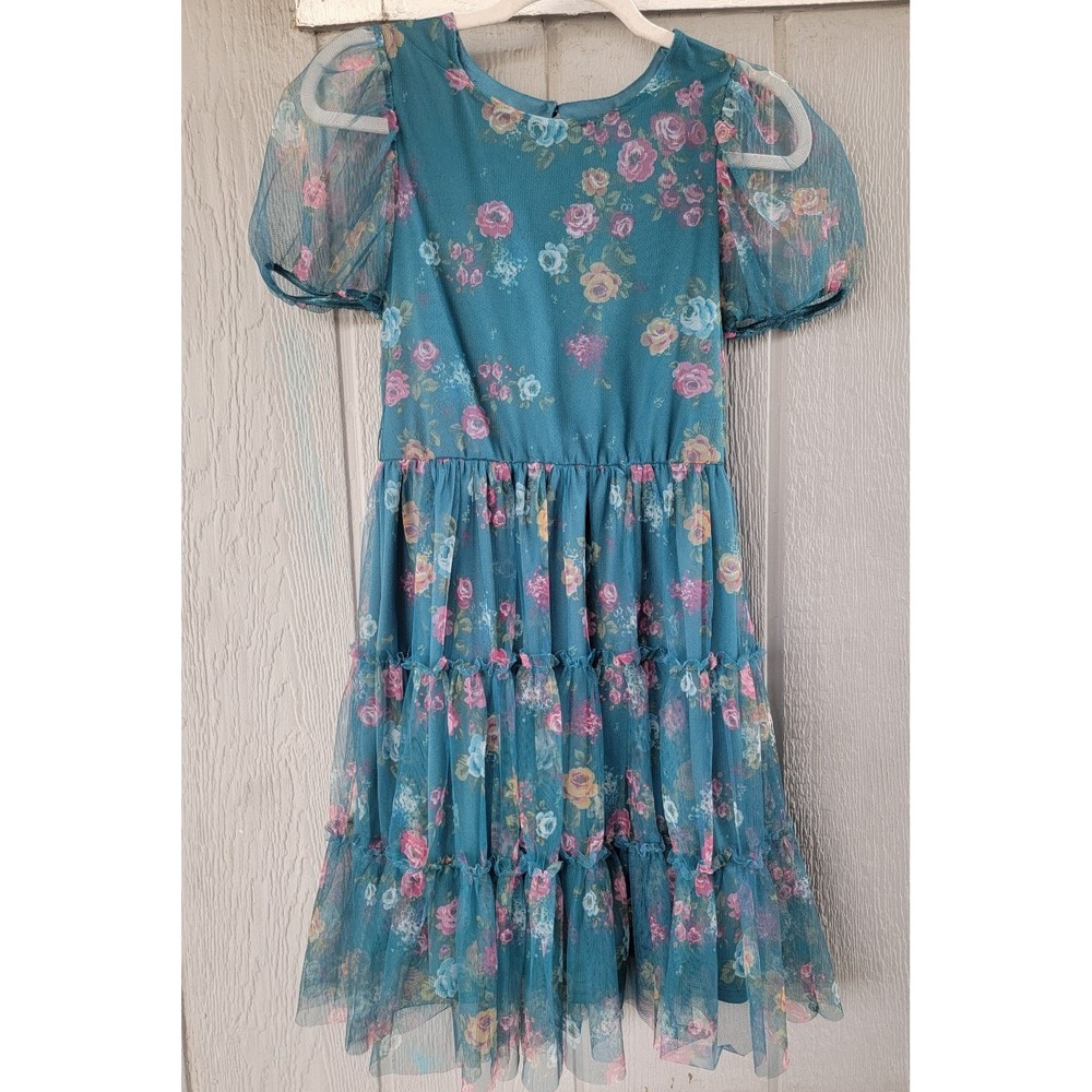 Lilt Floral Teal Mesh Tiered Ruffle Fit & Flare Party Sun Dress Sz 16